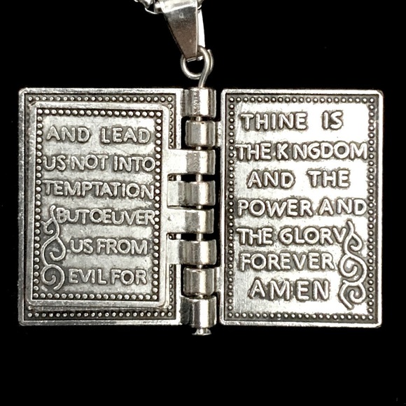 Bible Necklace 4 Pages Turnable Lords Prayer Pages 27” Box Chain Silver Tone - Picture 14 of 16